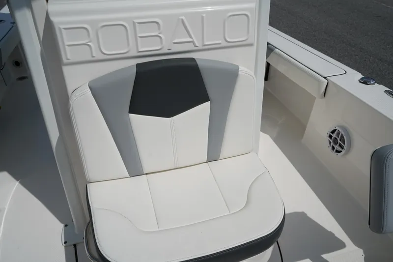 Slide: The Image of 2024 Robalo 226 Cayman boat seat with embossed logo and stylish design. - 34