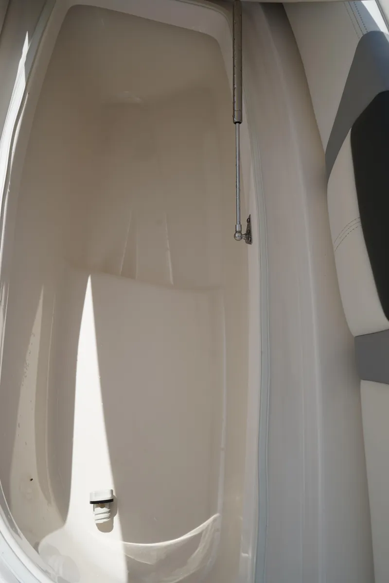 Slide: The Image of 2024 Robalo 226 Cayman boat storage compartment with hydraulic lift. - 45