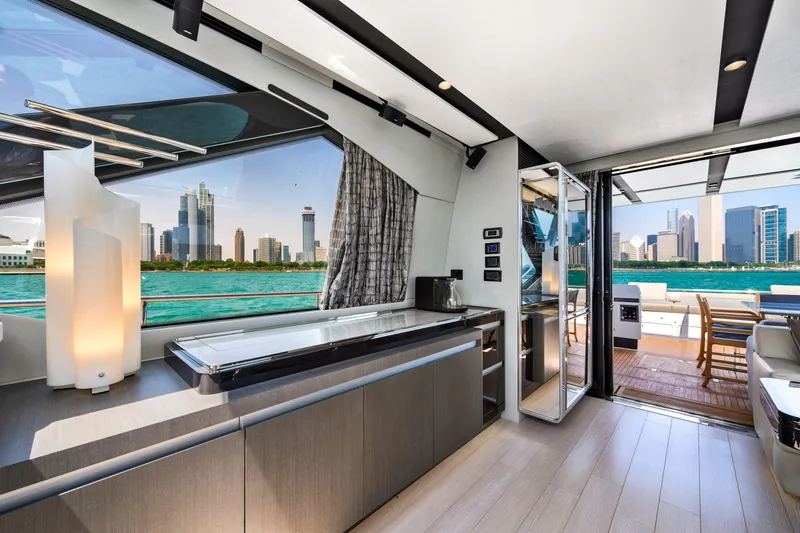 Slide: The Image of Luxurious interior of 2019 Azimut S7 yacht with city skyline view. - 28