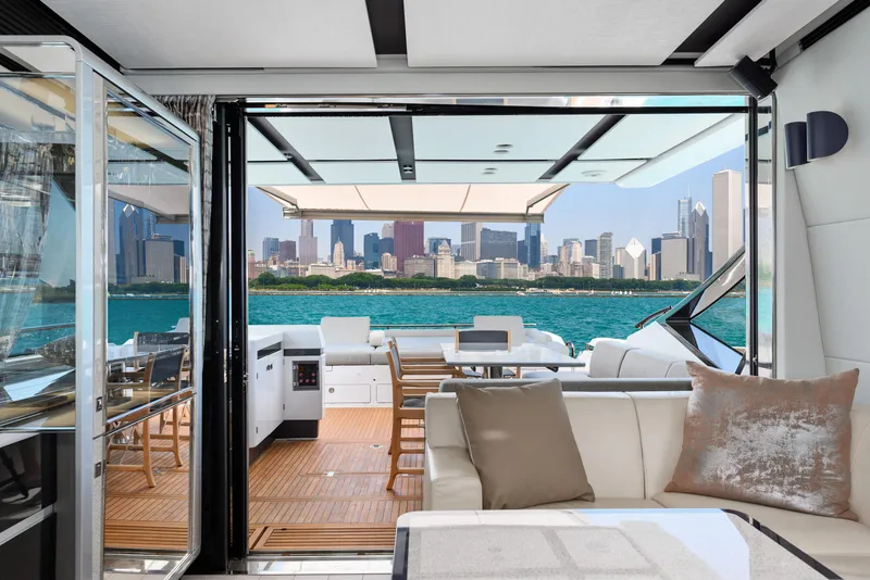 Slide: The Image of Luxurious 2019 Azimut S7 yacht interior with city skyline view. - 29