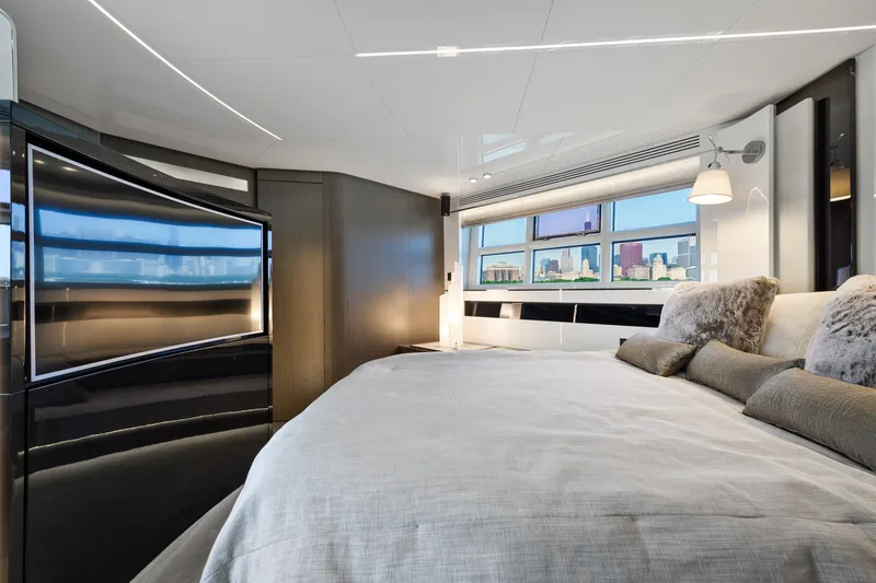 Slide: The Image of Luxurious bedroom interior of 2019 Azimut S7 yacht with modern design and city view. - 41