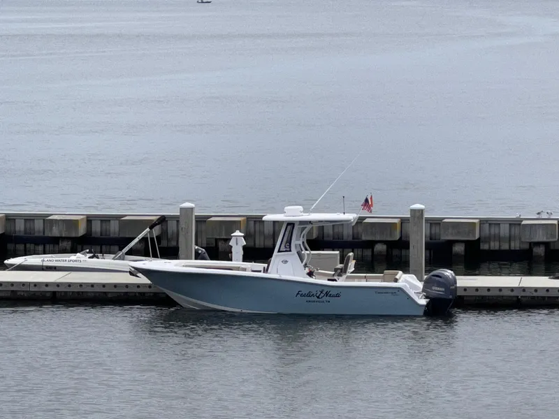 The Image of 2022 Tidewater 256 LXF boat docked at marina, calm water background. - 1