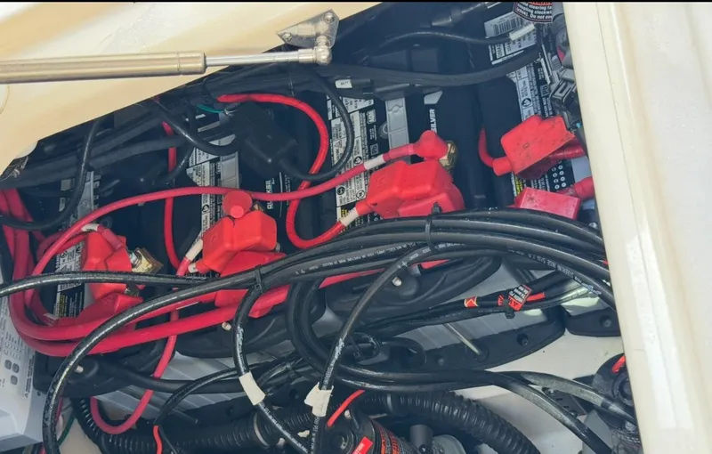 Slide: The Image of Battery compartment of a 2019 Grady-White Freedom 375 boat with red and black cables. - 13