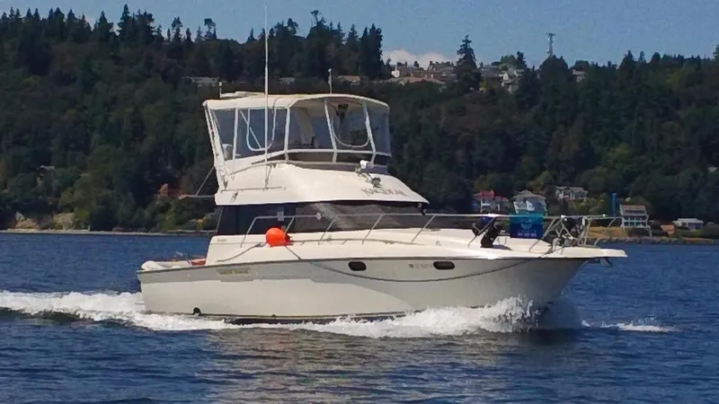 The Image of 1990 Silverton 37 Convertible boat cruising on a lake with forested shoreline. - 0