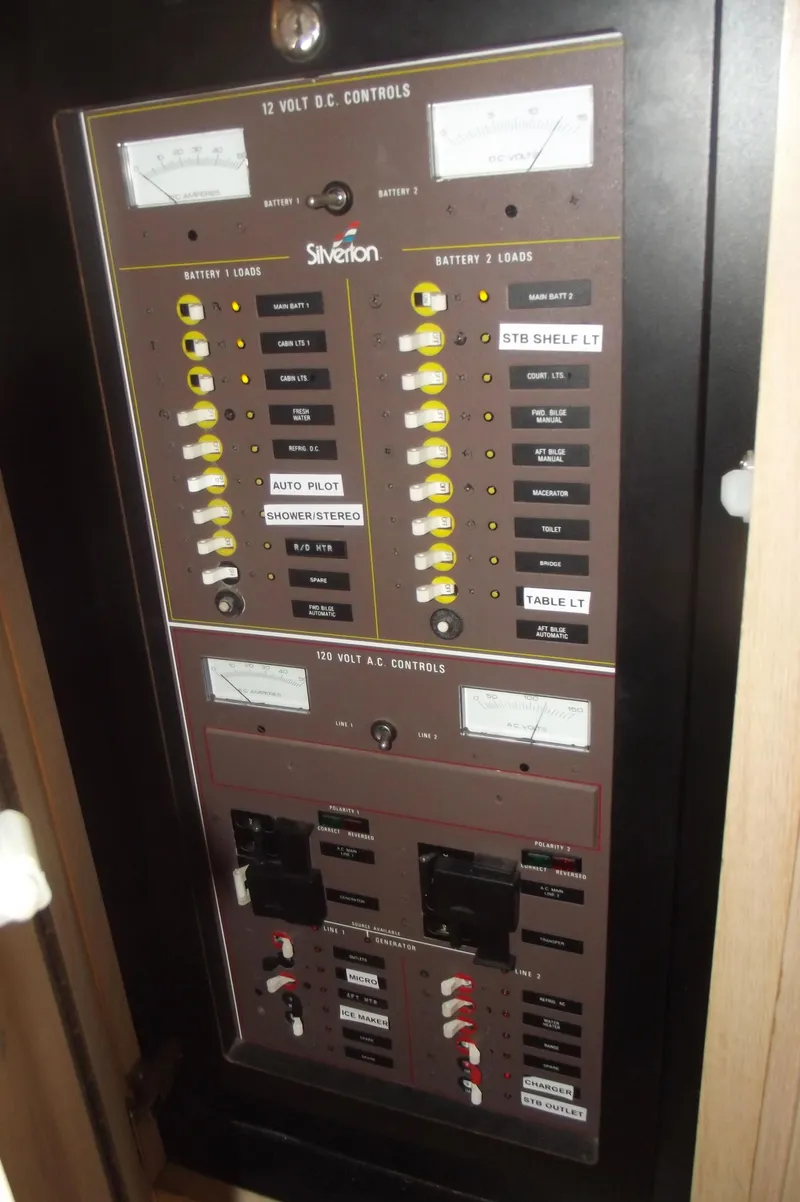 Slide: The Image of 1990 Silverton 37 Convertible control panel with switches and meters for battery management. - 9
