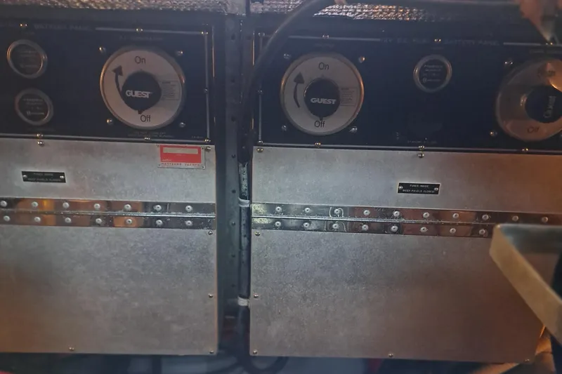 Slide: The Image of Electrical panel of 1978 Hatteras 37 Convertible boat with control switches. - 37