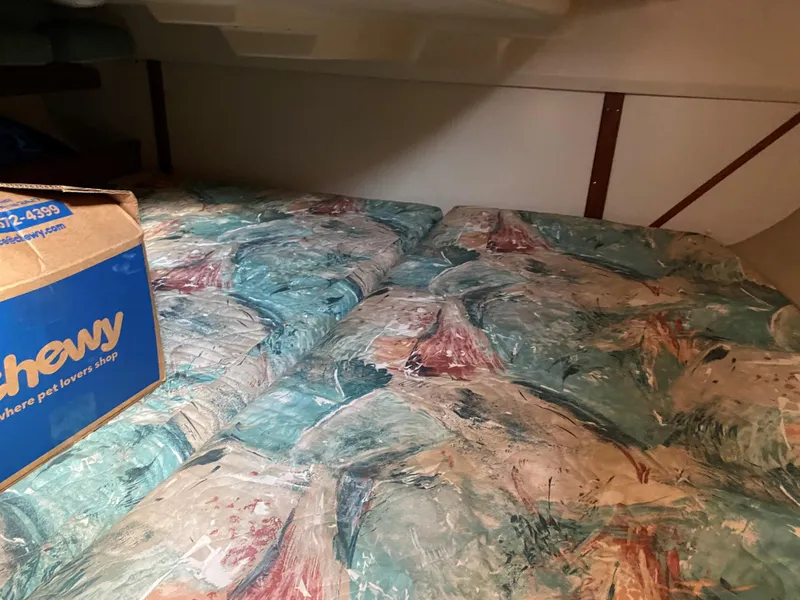 Slide: The Image of Interior of a 1996 Hunter 336 boat with a colorful mattress and a Chewy box. - 16