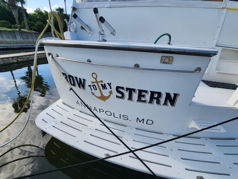 Slide: The Image of 1979 Hatteras 58 Long Range Cruiser docked, featuring "Bow to My Stern" text, Annapolis, MD. - 8