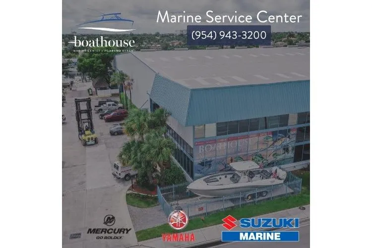Slide: The Image of Aerial view of Marine Service Center with Formula 330 Sun Sport boat, featuring Mercury, Yamaha, Suzuki logos. - 41