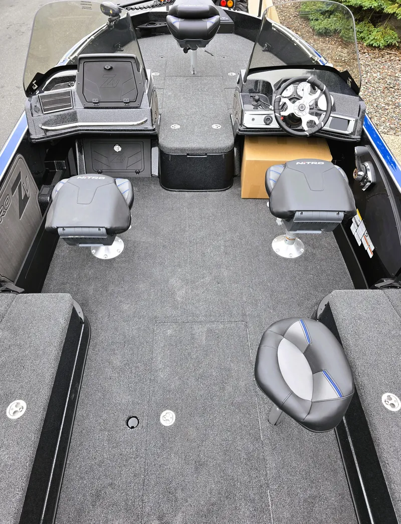 Slide: The Image of 2025 Nitro ZV21 boat interior with seating and steering console, featuring modern design and functionality. - 2