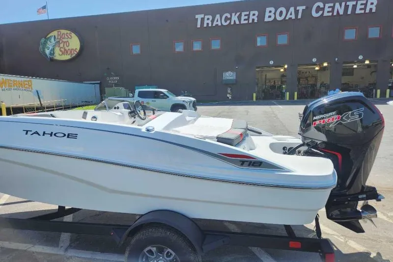 Slide: The Image of 2025 Tahoe T18 boat at Tracker Boat Center, featuring Mercury Pro XS engine. - 5