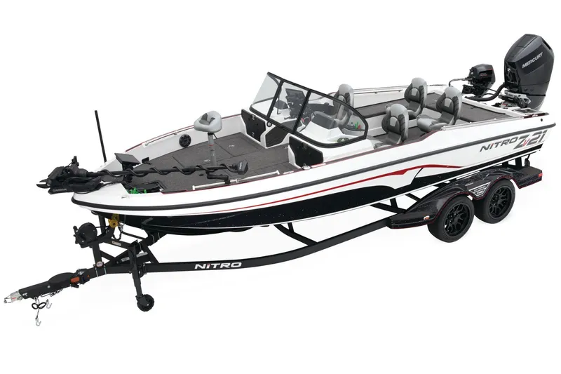 Slide: The Image of 2025 Nitro ZV21 Pro boat with dual outboard motors on snowy driveway. - 1