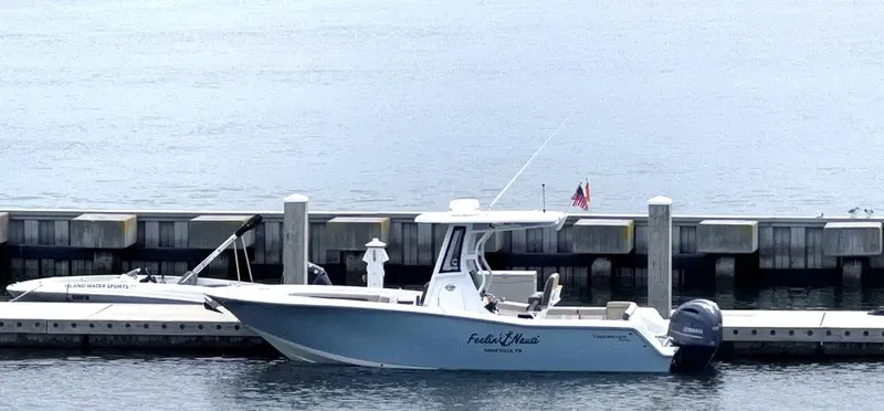 The Image of 2022 Tidewater 256 LXF boat docked at marina with calm water background. - 0