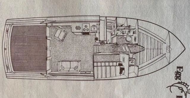 Slide: The Image of 1978 Egg Harbor 36 Sedan boat layout diagram, showcasing interior design and features. - 44