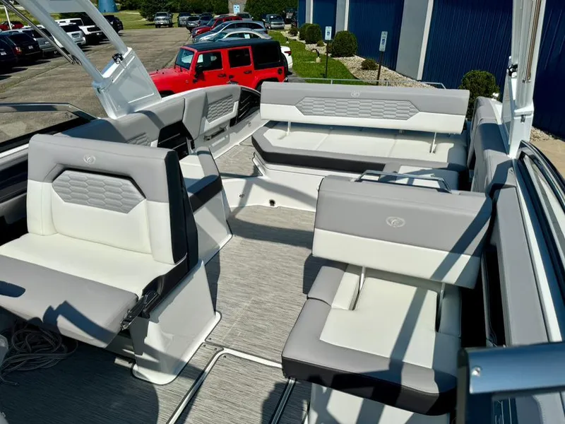 Slide: The Image of 2022 Cobalt A29 boat interior with luxurious seating and modern design. - 27