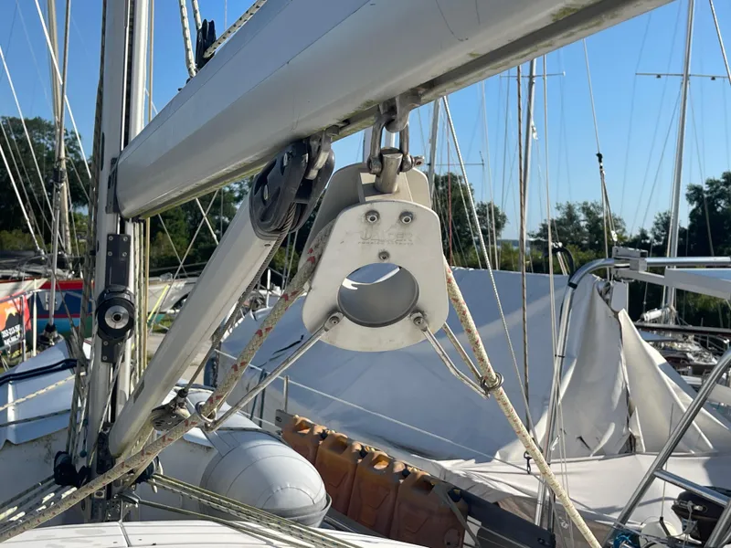 Slide: The Image of Yamaha Enduro outboard motor mounted on 2004 Hunter 44 DS Deck Salon sailboat. - 44