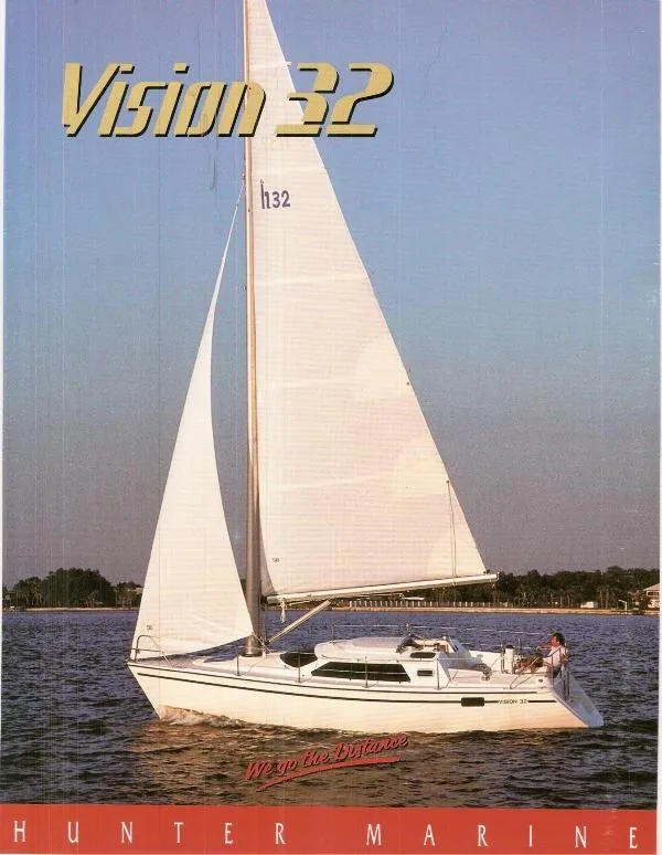 The Image of Sailboat on water, 1994 Hunter Vision 32, white sails, calm sea, clear sky. - 1