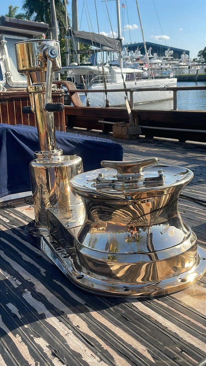 Slide: The Image of Polished winch on 1991 Custom Horacio Carabelli Schooner, docked at marina. - 4
