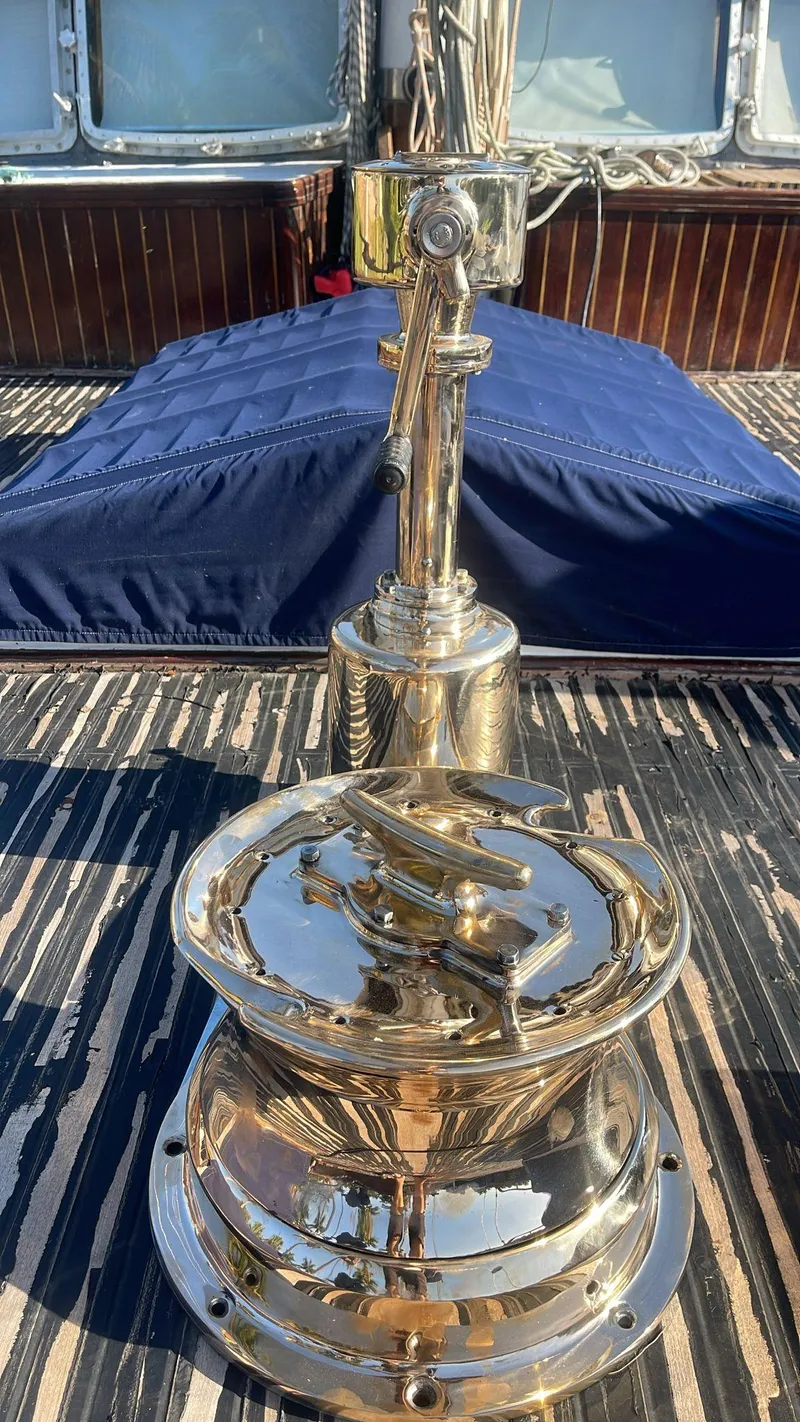 Slide: The Image of Polished brass winch on 1991 Custom Horacio Carabelli Schooner deck. - 5