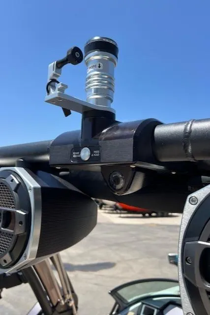 Slide: The Image of Close-up of 2022 MasterCraft XStar S boat tower with speakers and mounted camera. - 13