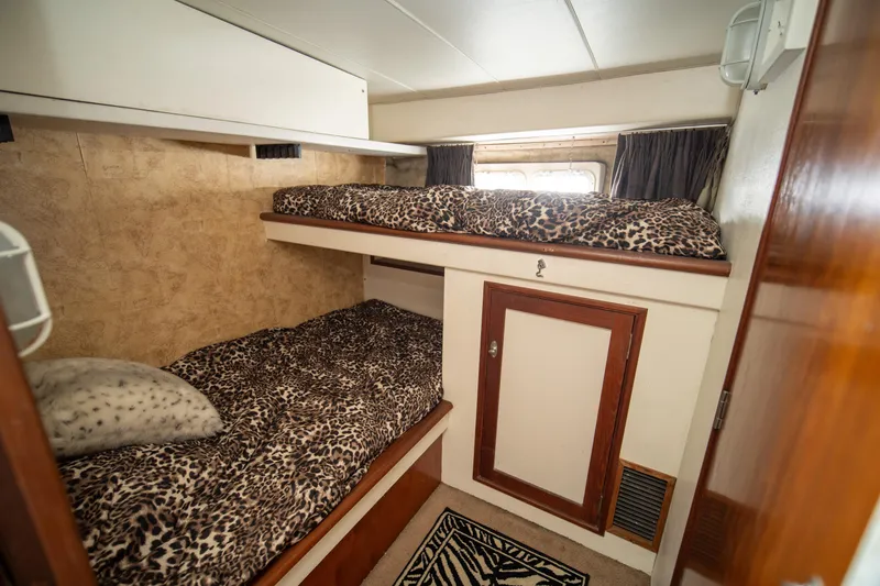 Slide: The Image of Interior of 1976 Bertram 42 Convertible with bunk beds and leopard print bedding. - 6