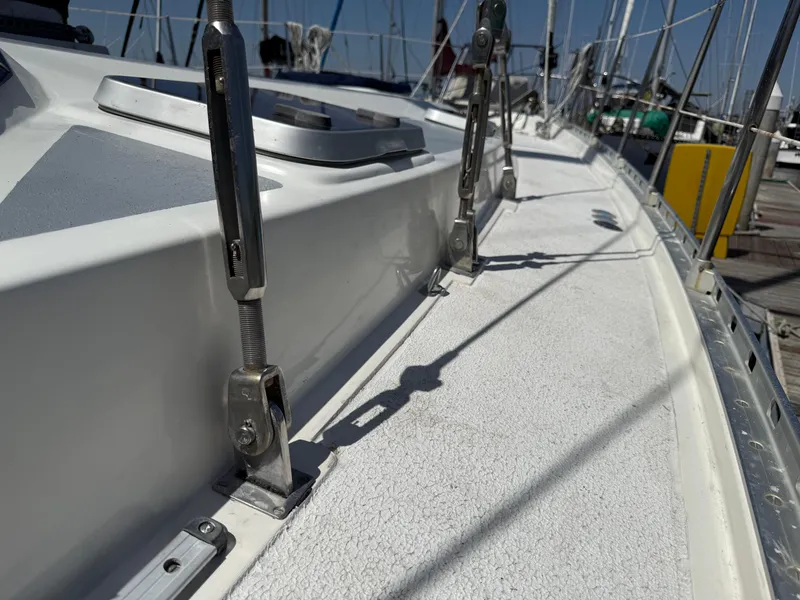 Slide: The Image of Close-up of 1985 Nauticat 43 yacht deck with rigging and fittings. - 12