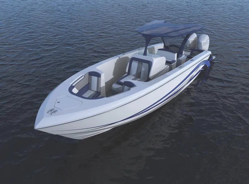 Slide: The Image of 2026 Velocity 330 CC boat on calm water, featuring sleek design and modern seating. - 5