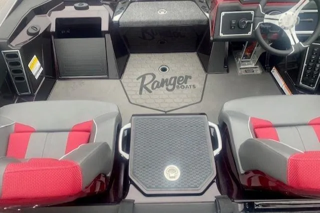 Slide: The Image of 2025 Ranger Z519R boat interior with red and gray seating, steering wheel, and Ranger Boats logo. - 2