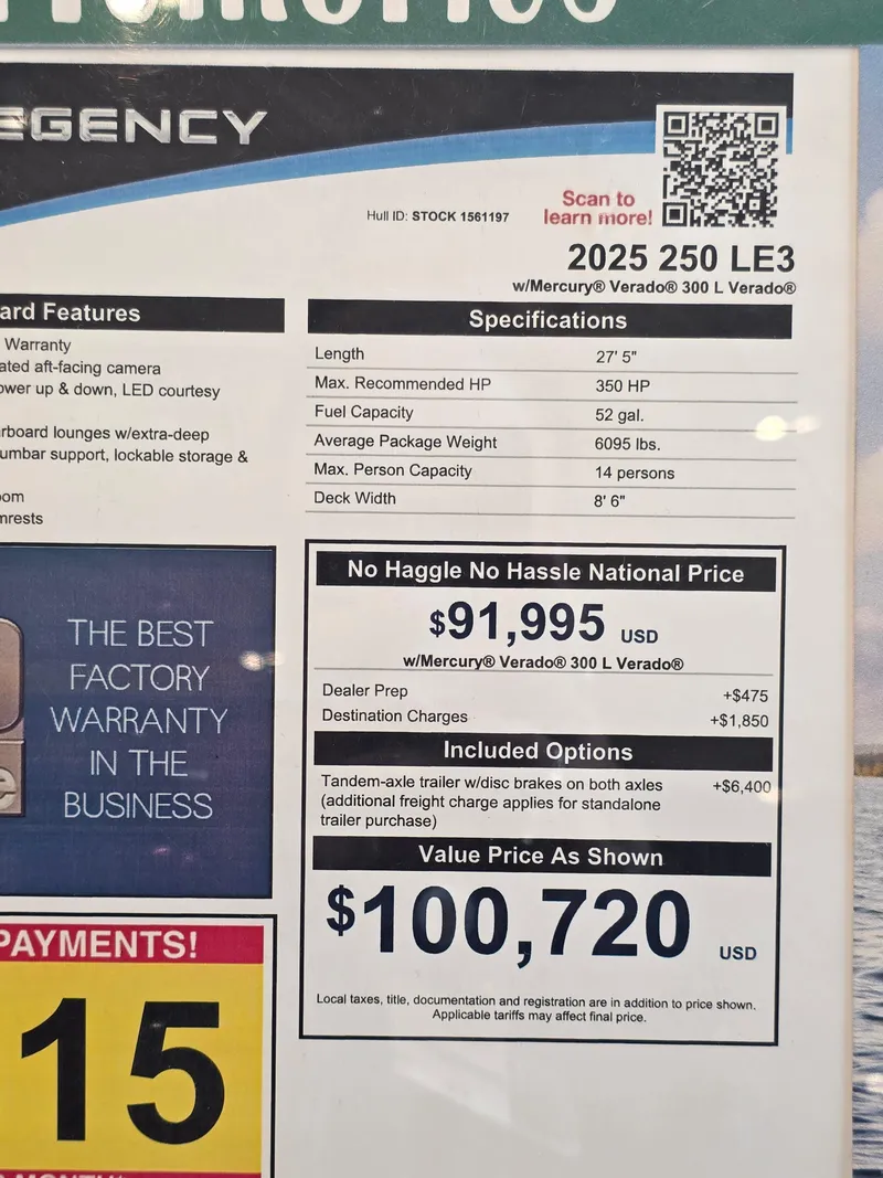 Slide: The Image of 2025 Regency 250 LE3 boat specifications and pricing details, featuring Mercury Verado engine. - 10