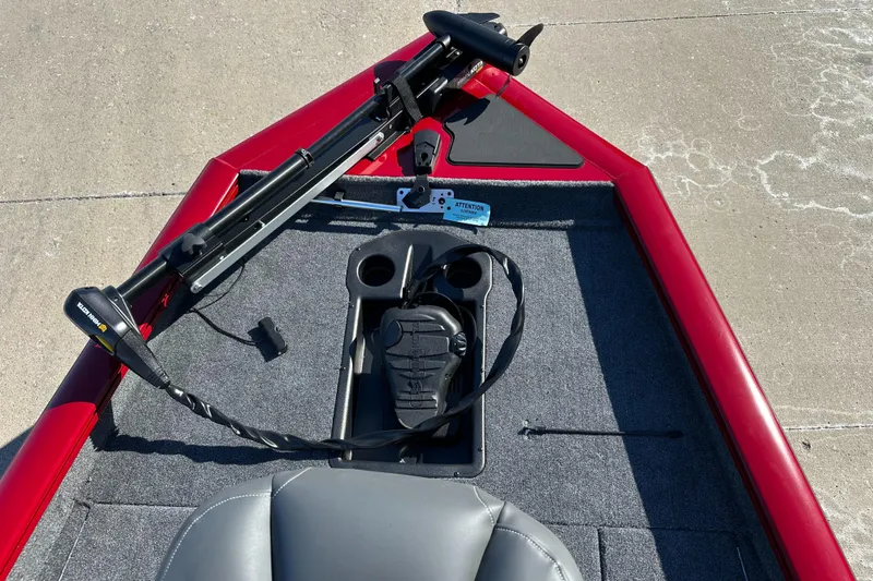 Slide: The Image of 2025 Tracker Pro Team 175 boat deck with trolling motor and seating. - 3