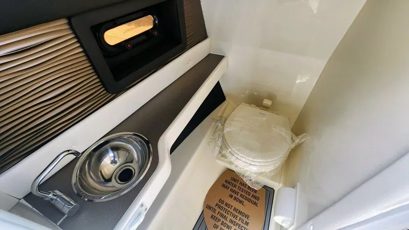 Slide: The Image of 2021 Sea Ray SLX 250 boat interior with sink and toilet. - 25
