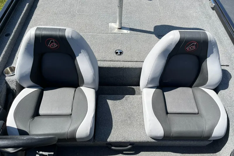 Slide: The Image of 2022 Alumacraft Pro 175 boat seats, gray and black, with logo embroidery. - 15