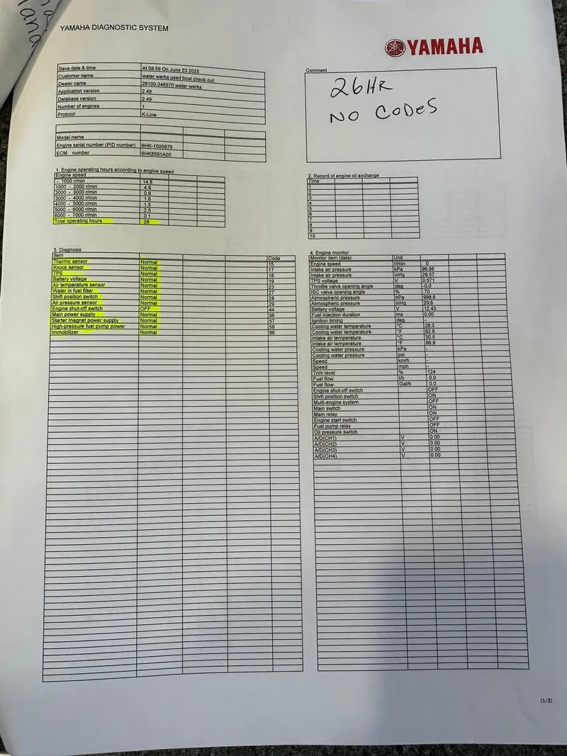 Slide: The Image of Yamaha diagnostic report showing "26HR NO CODES" for 2022 Alumacraft Pro 175. - 25