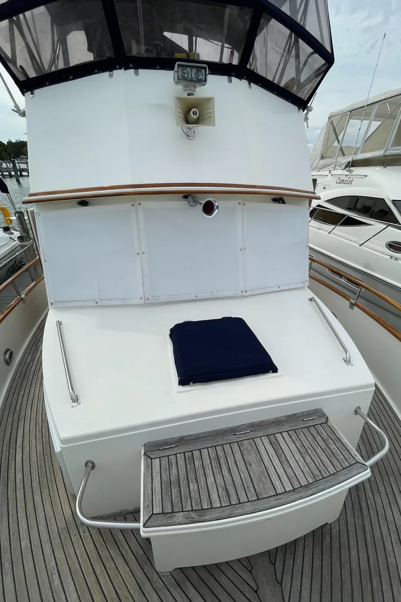 Slide: The Image of Grand Banks 42 Classic yacht, 1990 model, featuring a spacious deck and elegant design. - 19