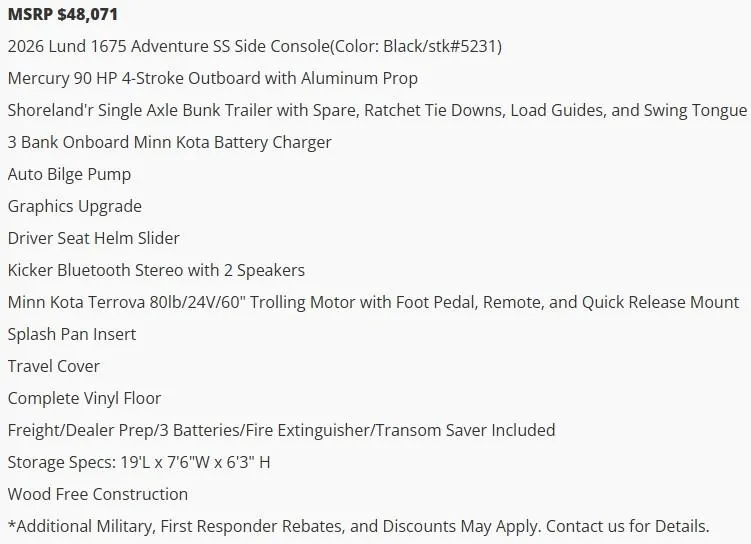 Slide: The Image of 2026 Lund 1675 Adventure SS features and pricing details, including Mercury outboard and Minn Kota accessories. - 4