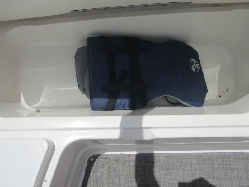 Slide: The Image of Blue life jacket stored in a compartment of a 2019 Tahoe 2150 boat. - 9