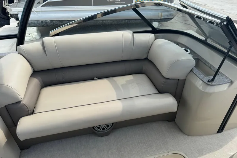 Slide: The Image of 2017 Tahoe Pontoon Cascade Platinum 2785EL interior seating with beige upholstery. - 13
