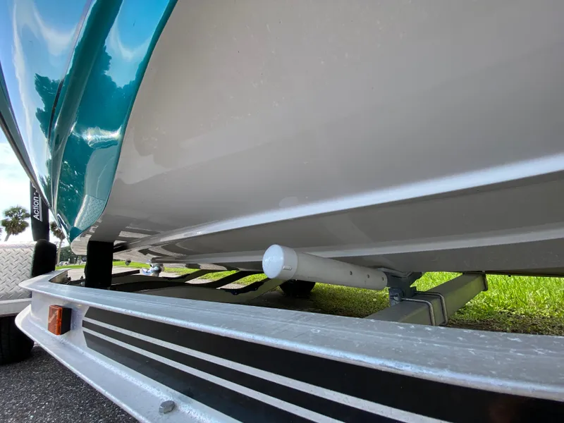 Slide: The Image of 2023 Action Craft 1720 Flats Gen 3 boat hull on trailer, close-up view. - 12