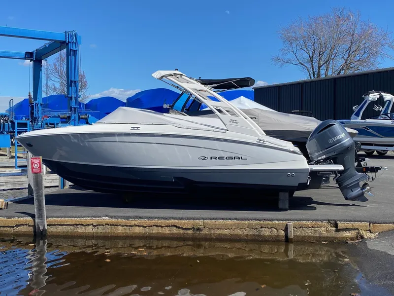 The Image of 2024 Regal LX4 boat with Yamaha outboard engine on display at marina. - 0