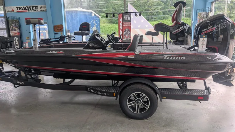 The Image of 2025 Triton 179 TrX bass boat in showroom, featuring sleek design and modern equipment. - 0