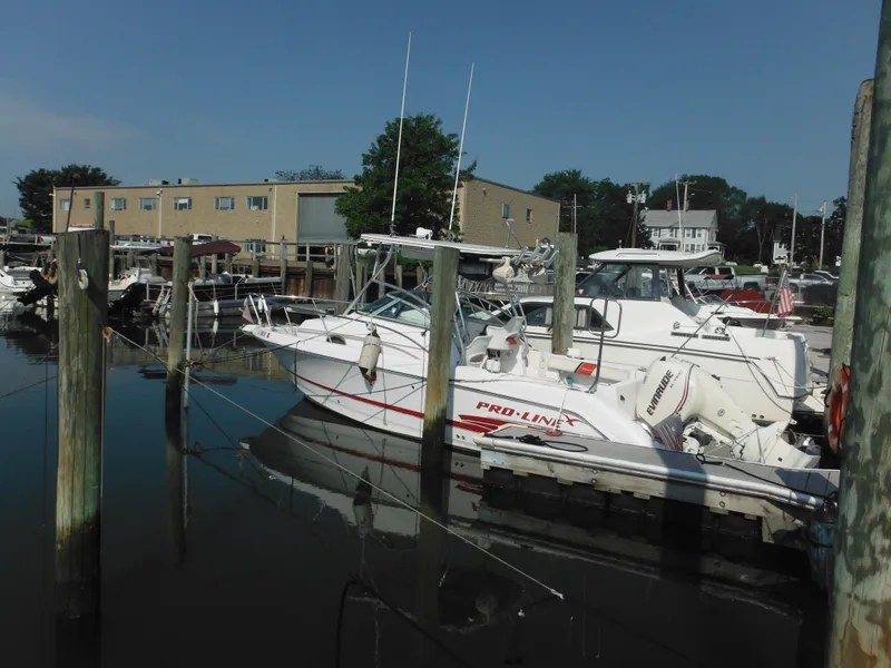The Image of 2002 Pro-Line 23 Walk boat docked at marina, clear sky, calm water. - 1