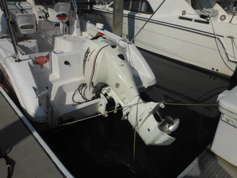 Slide: The Image of 2002 Pro-Line 23 Walk boat with Evinrude outboard motor docked at marina. - 3