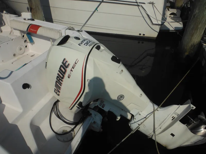 Slide: The Image of 2002 Pro-Line 23 Walk boat with Evinrude E-TEC outboard motor at dock. - 4