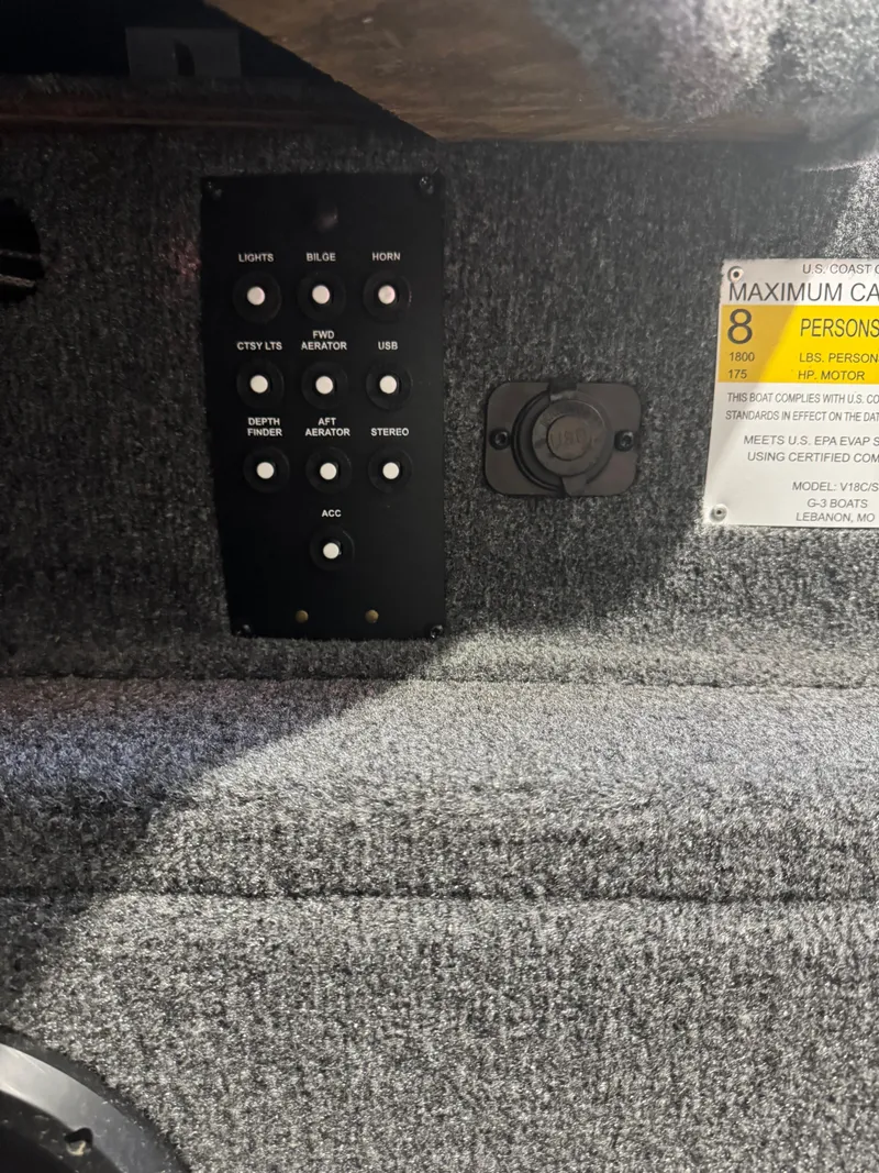 Slide: The Image of Control panel and capacity label inside 2024 G3 AV18SF VINYL boat. - 12