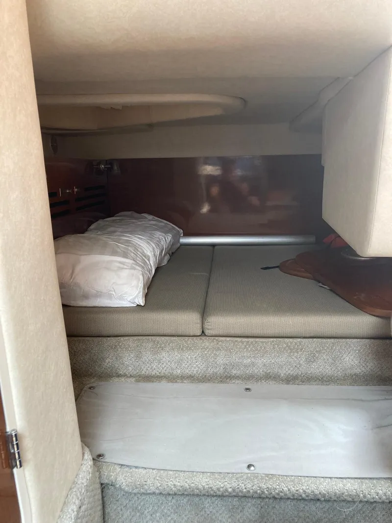 Slide: The Image of 2009 Sea Ray 270 Sundancer cabin interior with cozy sleeping area and cushions. - 13