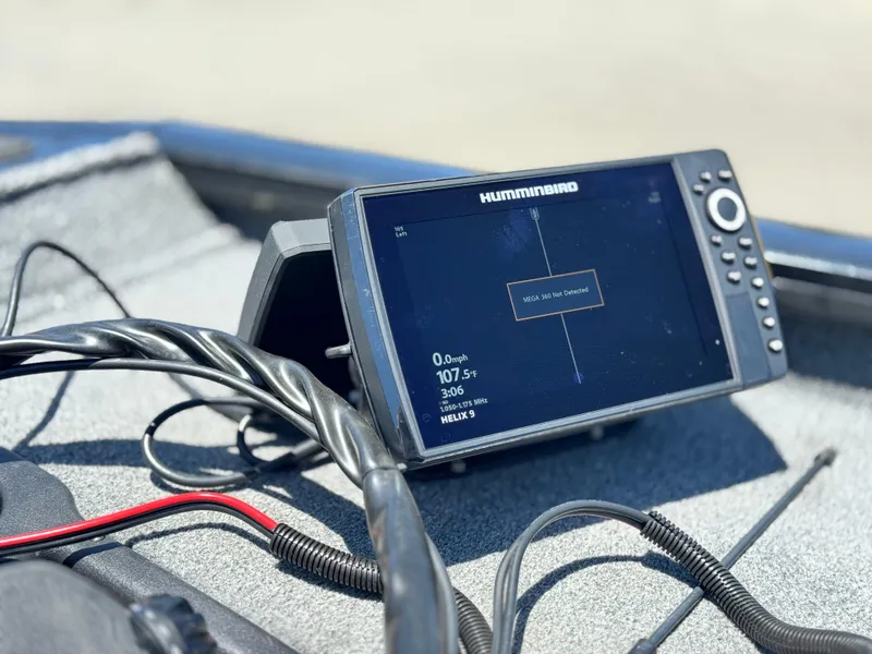 Slide: The Image of Fishfinder display on 2021 Tracker Pro Team 175 TXW boat, showing "MEGA 360 Not Detected." - 7