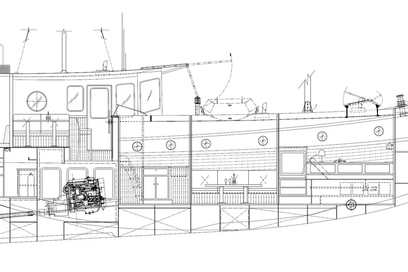 Slide: The Image of Blueprint of a 2012 Custom Steel Trawler, showcasing detailed interior and exterior design. - 17