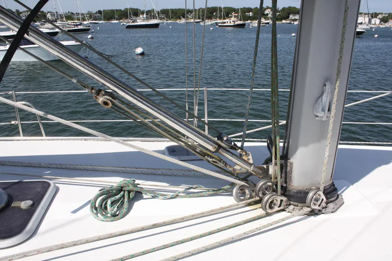 Slide: The Image of Sailboat deck with rigging and mast, Catalina 42 MkII, 1998 model, in a marina setting. - 19