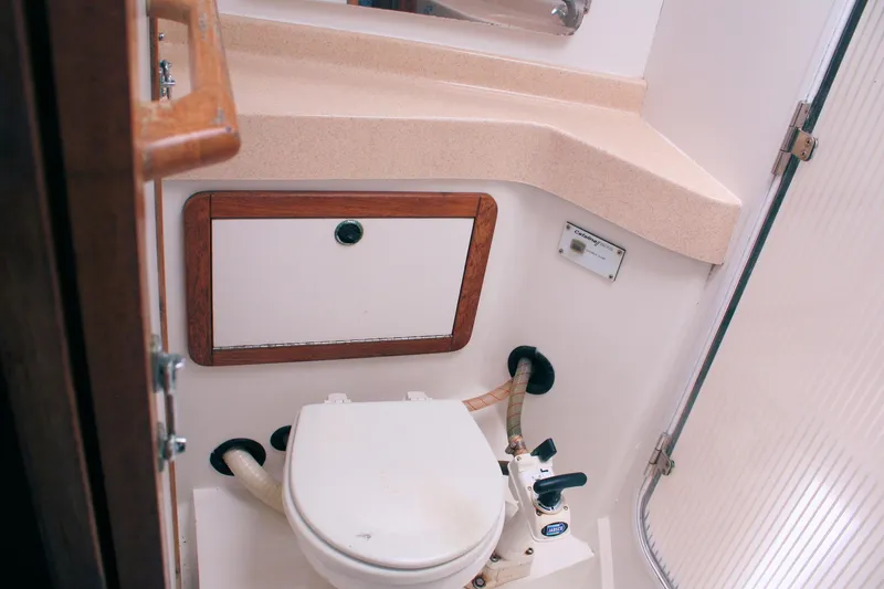 Slide: The Image of 1998 Catalina 42 MkII yacht bathroom with toilet and countertop. - 30