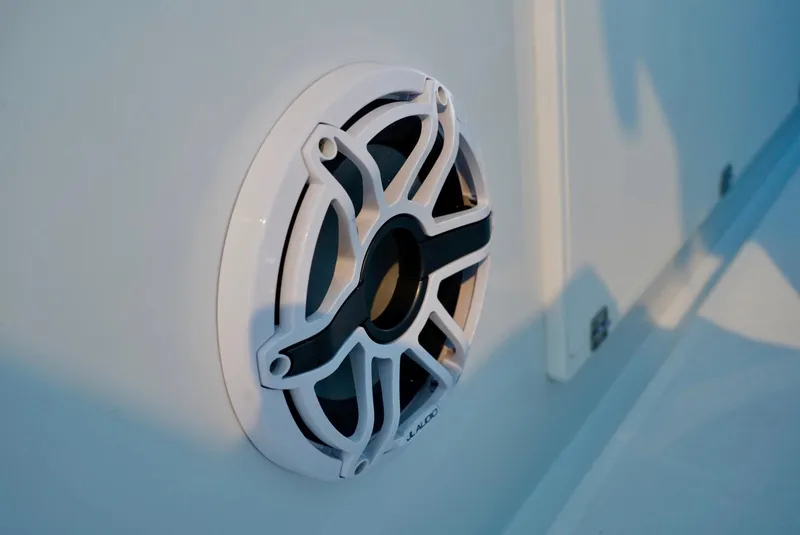 Slide: The Image of Speaker on 2023 Yellowfin 42 boat, featuring a sleek white grille design. - 23